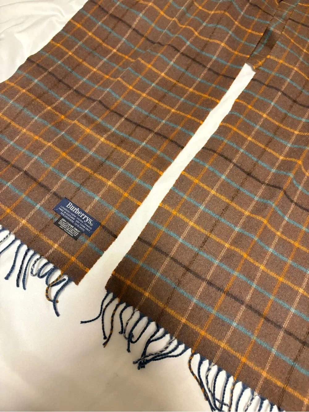 Vintage Burberry Scarf Cashmere Plaid blue and browns Burberrys